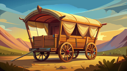 This wooden wagon with a brown top and tan canvas stands beneath open skies and golden light. Semi-realistic details capture historic charm, creaking wood, and soft canvas folds in silence.