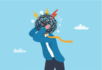 Overthinking, too much worried, stress or anxiety, self doubt, fear or indecision, obsession thoughts, mental exhaustion or negative emotional, overload concept, businessman overthinking mess head