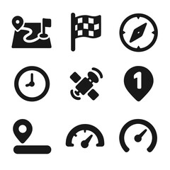 GPS Icon Set. Solid, Filled icon set of GPS tracking features: route map, start flag, finish flag, compass, pace indicator,