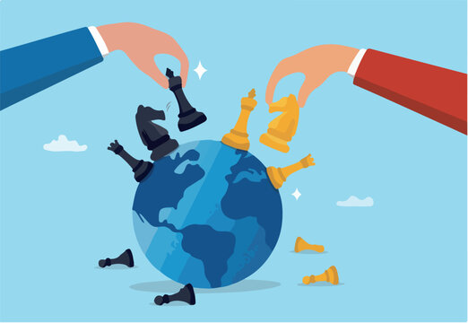 Geopolitics world country trade alliance, diplomacy with superpower nations, relationship or negotiation for trade war, tariff or sanction concept, hand playing chess to win geopolitics trade war