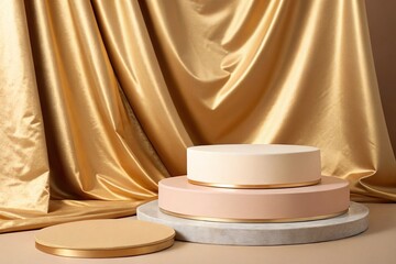 Product display podium and cloth, geometric round platform. Golden fabric texture. Showcase pedestal beige pastel color.