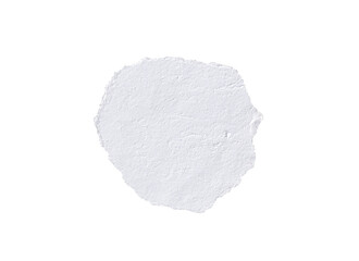 Torn white paper circle, a textured and rough piece of blank paper with ragged edges, isolated on a clean white background.

