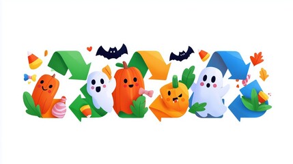 Obraz premium Colorful cartoon ghosts and pumpkins celebrating Halloween festivities
