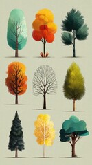 Obraz premium Colorful illustration of various trees showcasing seasonal changes in leaves and branches
