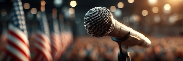 Election rally features microphone in front of audience with flags at a political event in the evening
