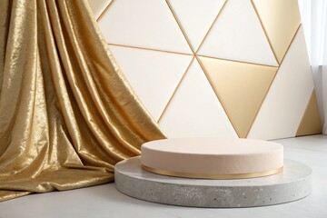 Product display podium and cloth, geometric round platform. Golden fabric texture. Showcase pedestal beige pastel color.