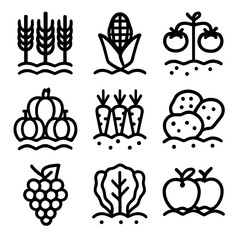 Harvest Icon Set. Solid, filled icon set of Crop types during harvest: wheat, corn, tomatoes, pumpkins, carrots, potatoes, grapes,