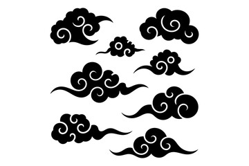 Collection of stylized black clouds with swirling details arranged on a white background design