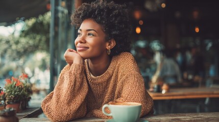 Carefree african american woman sitting in cafeteria drinking coffee while looking away. Black young woman drinking tea while thinking. Smiling girl relaxing and thinking while drinking cappuccino., 