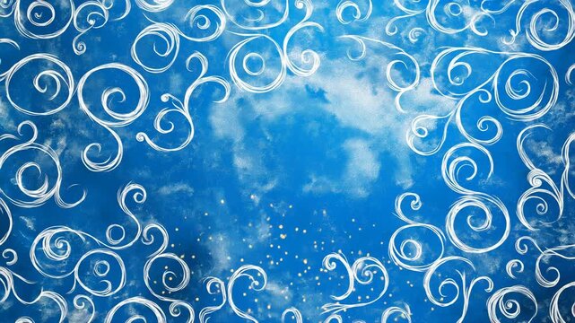 Abstract sky background with swirling white decorative patterns and light textures resembling clouds and wind over a deep blue