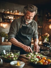 Handsome mature man in apron is carefully preparing a salad for dinner in a cozy kitchen at home