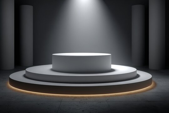 Concrete presentation stage with steps and platform in illuminated minimalistic architectural structure