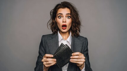 Bankrupt Business Concepts. Beautiful businesswoman was shocked when opening a wallet. Young businessmen have no money and are bankrupt., no logos, no brands