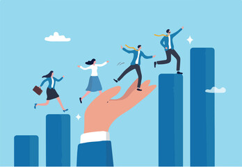Growth assistance, support or help to success, growing business, career path or leadership helping employee achievement, manager support concept, businessman hand help people climb growth graph