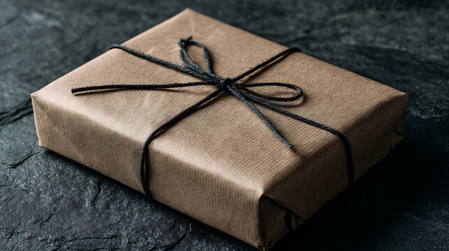 Rustic gift wrapped in brown paper tied with black twine present