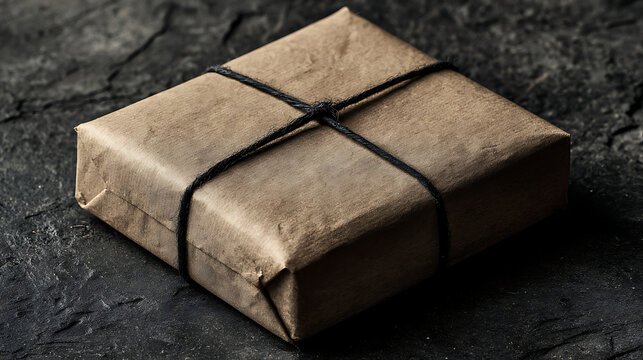 Rustic parcel tied with dark twine on textured stone gift package