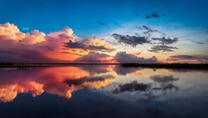 Fototapeta premium colorful clouds reflecting on a serene surface creating a tranquil atmosphere