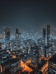 Obraz premium Urban Futurism Glowing Network Lines Illuminate Night Cityscape with Skyscrapers, Panoramic View of Connected Metropolis Technology Concept