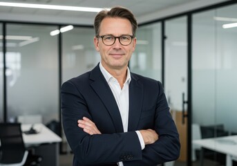 Fototapeta premium Professional business executive poses confidently with arms crossed in modern office environment wearing a suit and glasses