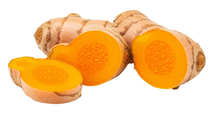 Close up of sliced turmeric root showing vibrant orange color with a whole turmeric root behind it on transparent background