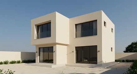 Stunning house or villa's, villa's with cream color, exterior view of 02 story house with modern design and having black glass windows architecture with scenic surroundings