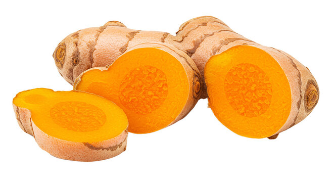 Close up of sliced turmeric root showing vibrant orange color with a whole turmeric root behind it on transparent background