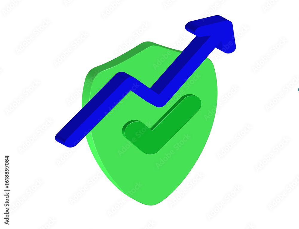 Poster simple illustration of a 3d shield icon with a check mark and an upward arrow. transparent backgroun