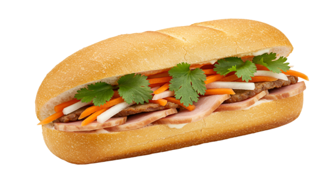 A close up shot of a delicious banh mi sandwich with pork, carrots, and fresh cilantro leaves on transparent background