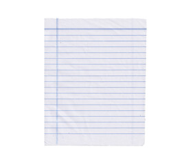 Lined paper sheet isolated on transparent png background. blank Isolated Notebook Page mockup for School, Notes, and Copy Space. Single Sheet of Lined Paper with Torn Edges, notebook