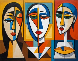 Cubist Portrait of Three Colorful Faces in Abstract Geometric Style