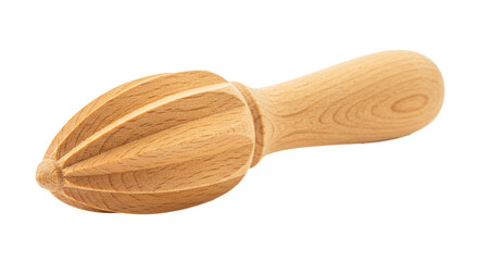 A wooden citrus reamer with a handle and a ribbed head for squeezing juice out of citrus fruits on transparent background