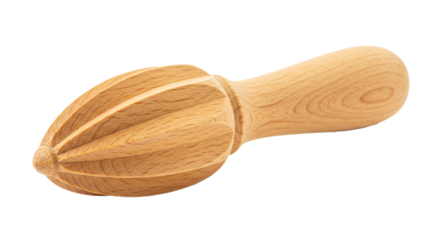 A wooden citrus reamer with a handle and a ribbed head for squeezing juice out of citrus fruits on transparent background