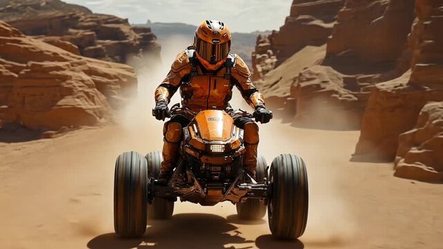 A figure on a futuristic quadbike rides through a desert canyon kicking up dust