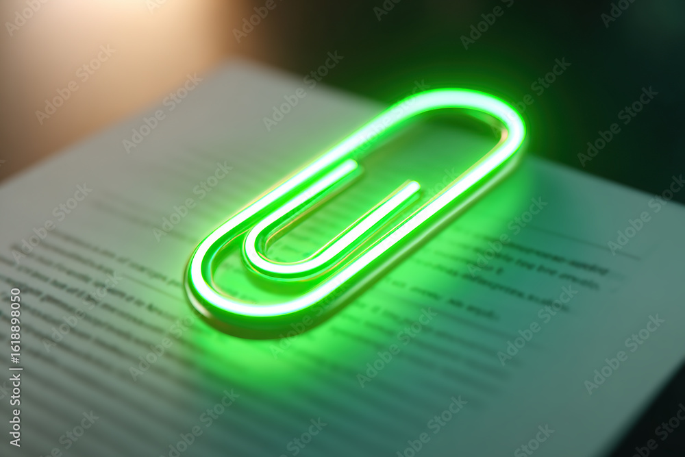 Poster green paperclip levitates above glowing surface, creating an enchanting visual effect