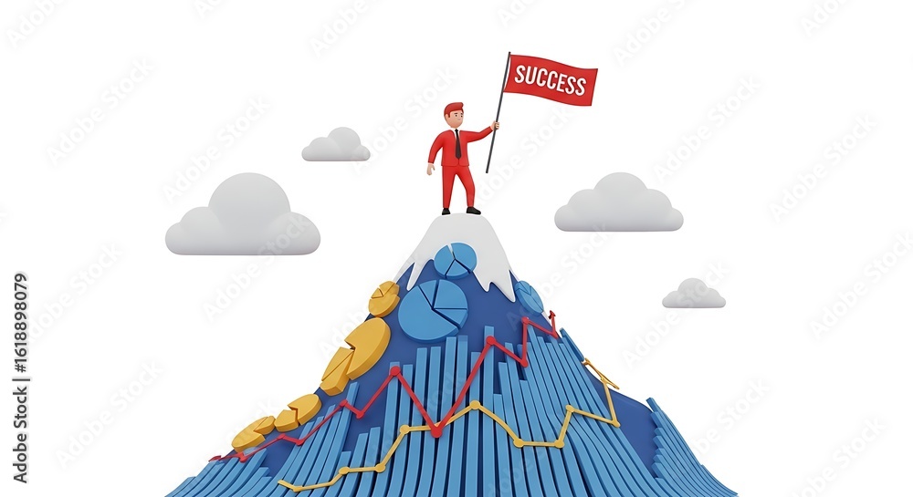 Poster man on top of graph mountain holding success flag surrounded by clouds in a white background