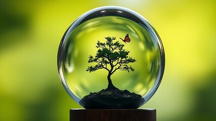 Crystal globe containing a tiny tree and floating butterfly, placed on an abstract green gradient with soft lighting.