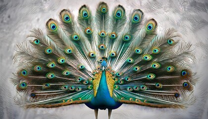 a vibrant peacock displays its iridescent plumage in a stunning fan against a textured light gray background