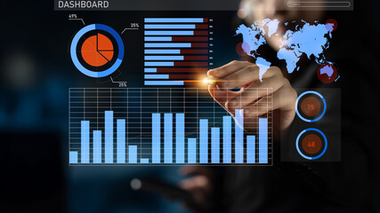 Modern digital dashboard displays data visualization with graphs, charts, and a global map. Ideal...