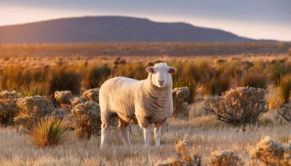 a woolly merino sheep grazes on pasture in the western cape south africa on farmland typical of the region s semi arid landscape