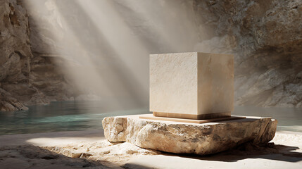 Stone Cube Display With Rocky Cave Background And Water product display mockup