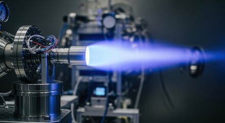 Ion thruster exhaust plume visible in a vacuum test setup simulating deepspace operation for advanced satellite propulsion systems.