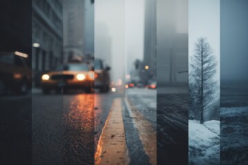 Different weather conditions and landscapes showcased in a composition including a rainy city street with a yellow taxi and a wintery scene with snow and a leafless tree