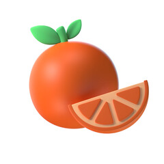  orange and a slice of orange, rendered in a clean 3D style.
