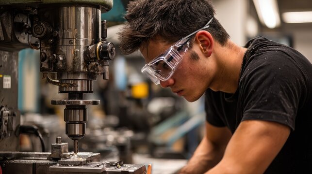 A side view of a serious student wearing safety glasses while using the drill machine in a vocational school, no logos, no brands - Powered by Adobe