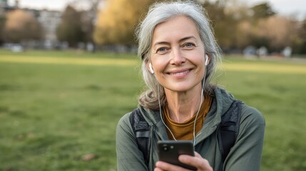 Middle age sportswoman smiling happy. using smartphone at the park, no logos, no brands