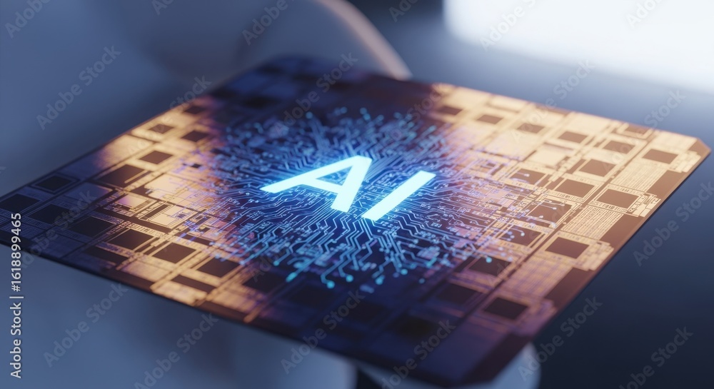 Poster silicon wafer with ai text overlay in clean circuit design