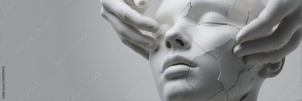 Poster artistic representation of sculpting hands shaping a digital face with cracked features in a redefin