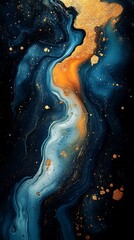 Blue gold swirl flows in vertical form wallpaper