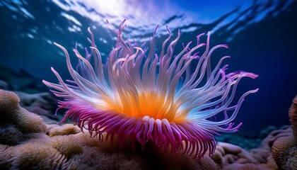 colorful sea anemone with delicate tentacles captured in an underwater environment during broad daylight hours