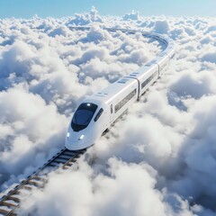 Aerial View of High-Speed Train Gliding Over Endless Clouds with Sunrise Illumination